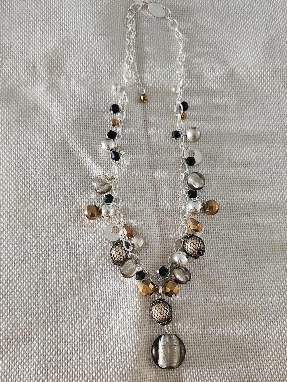 White House Black Market Silver, Black & Gold Multi-Bead Charm Necklace